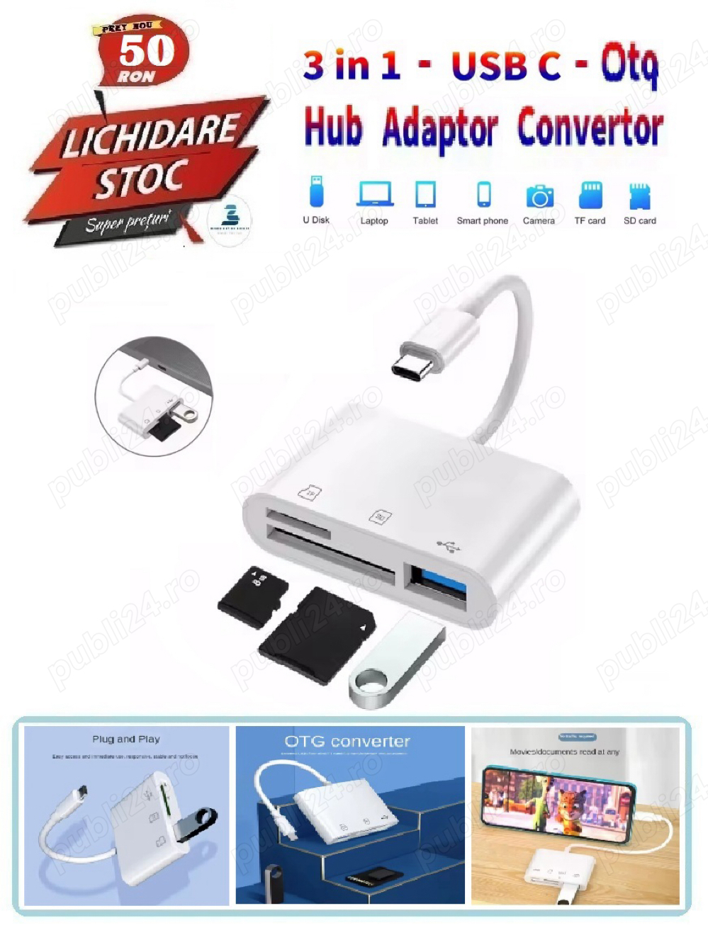 Hub Adaptor Convertor OTG 3 in 1 -Tip C  -USB Stick, TF si SD Card -UK