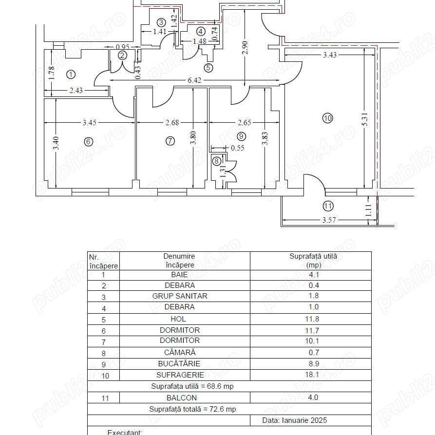 3 Camere, et 2, 72.6mp, dec, 2 gr sanitare-Sc. Simache