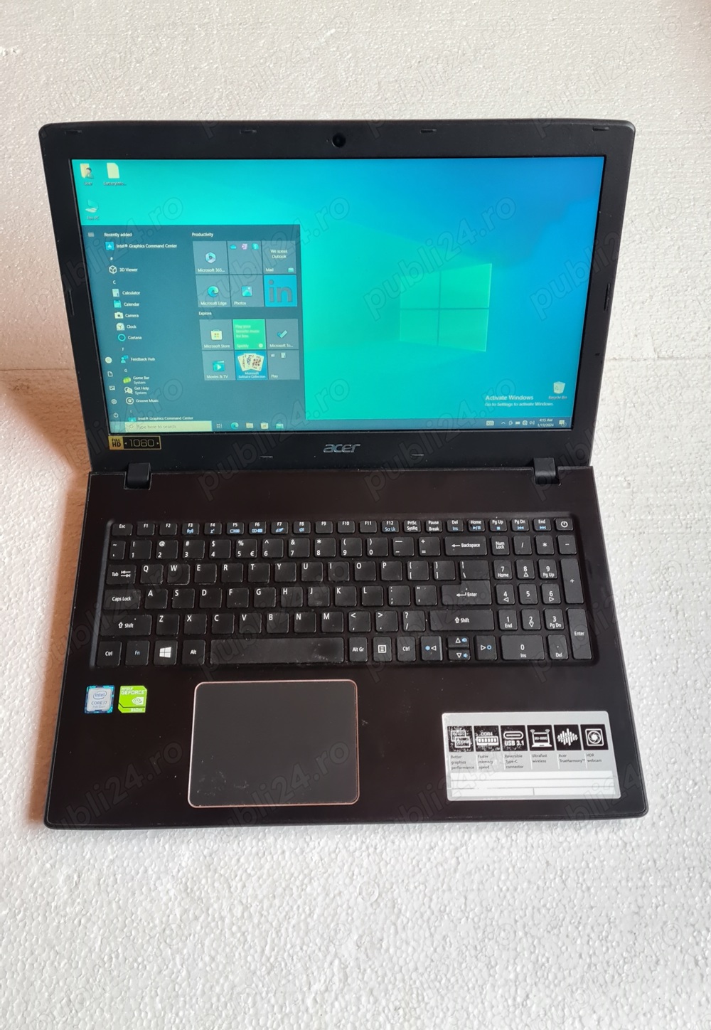 Laptop Acer 15" FHD, i7-7500u, 8 GB, SSD 256 GB, Nvidia GeForce 940MX
