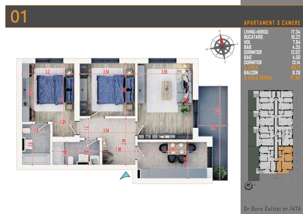 Apartament decomandat 3 camere Parcare Bonus Th. Pallady