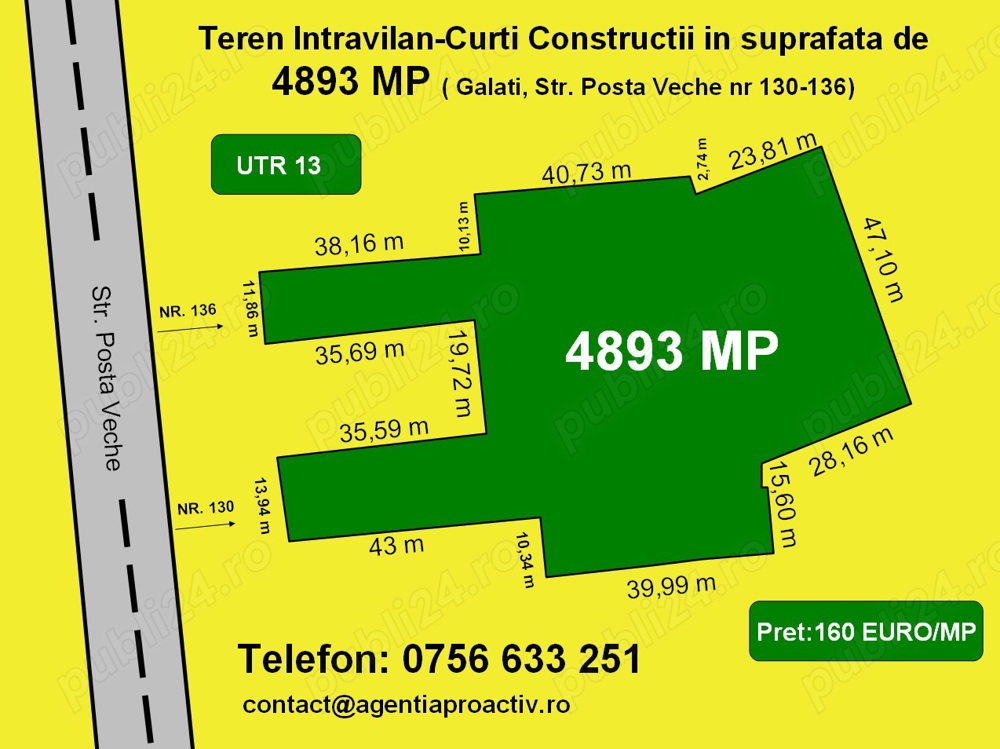 Proprietate exceptionala, Teren intravilan 4893 mp, amplasat in Centrul Geografic al orasului Galati