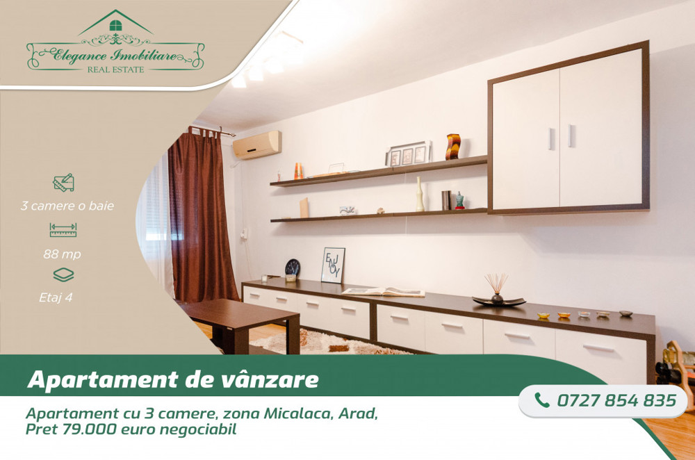 Apartament 3 camere cu centrala proprie, zona Micalaca, Arad, Pret: 79.000 €