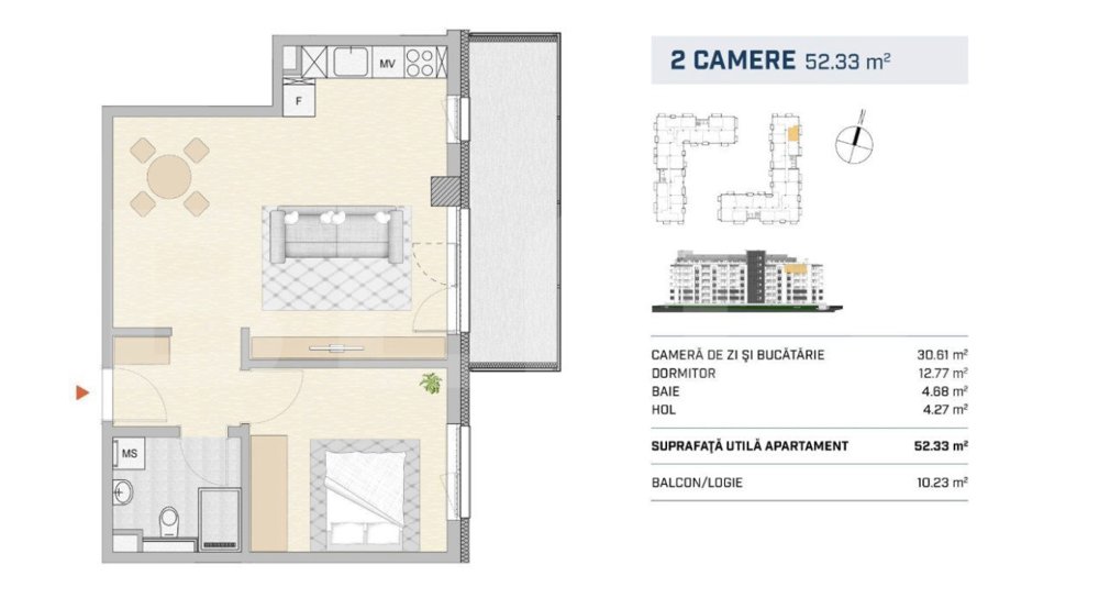 Apartament 2 camere 52.2 mp, etaj intermediar, finisat, zona Semicentrala 