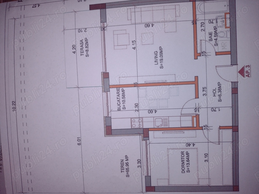 Vând apartament 2 camere , 54 m utili , terasa 9 m, dispune de grădinița proprietate 67 m