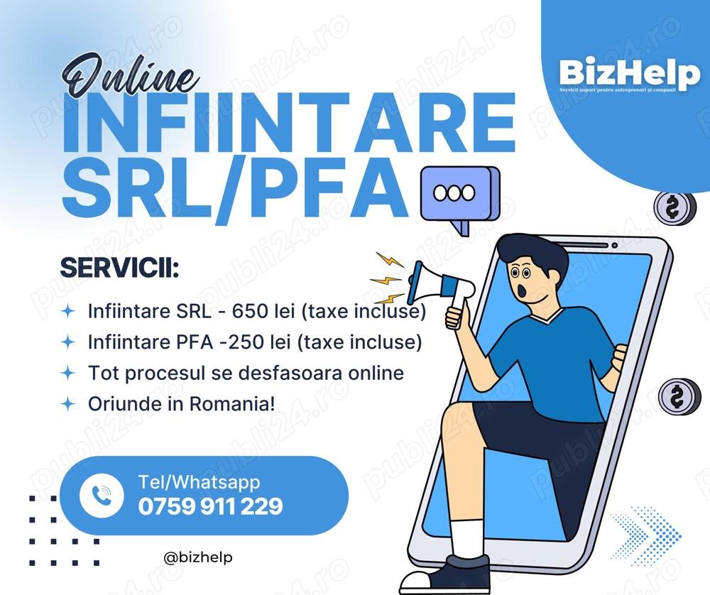 Infiintare SRL PFA ii in cel mai scurt timp si exclusiv online, oriunde in Romania!