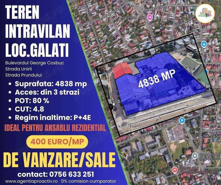 Proprietate ideala pentru ansamblu rezidential comercial, suprafata 4838 mp.