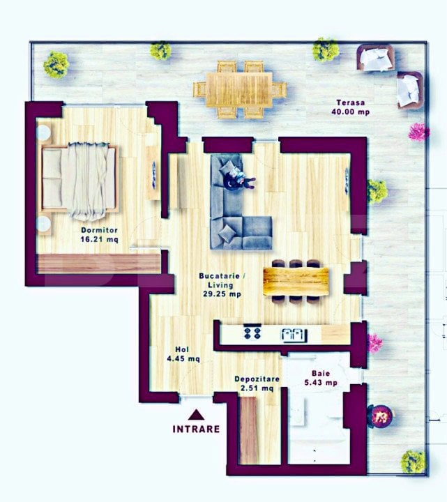 Apartament cu 2 camere +dressing+terasa 40 mp, view zona lounge