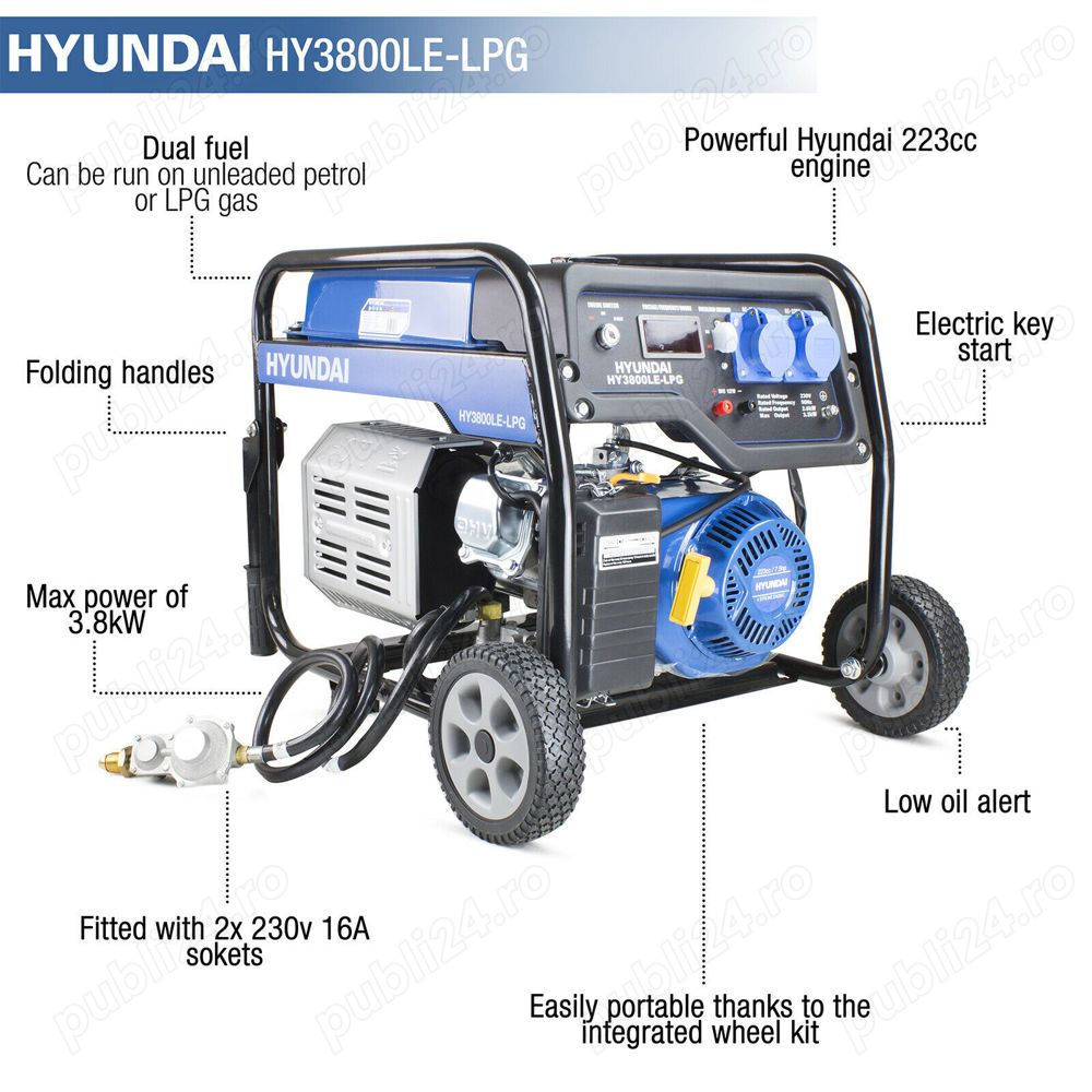 Vand Generator Electric nou 3200w 3.2kW 4kVa Catering HYUNDAI pe gaz GPL sau Benzina