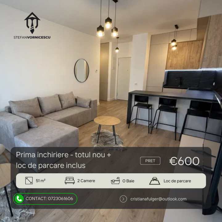 Prima inchiriere: apartament cu 2 camere - loc de parcare si vedere panoramica