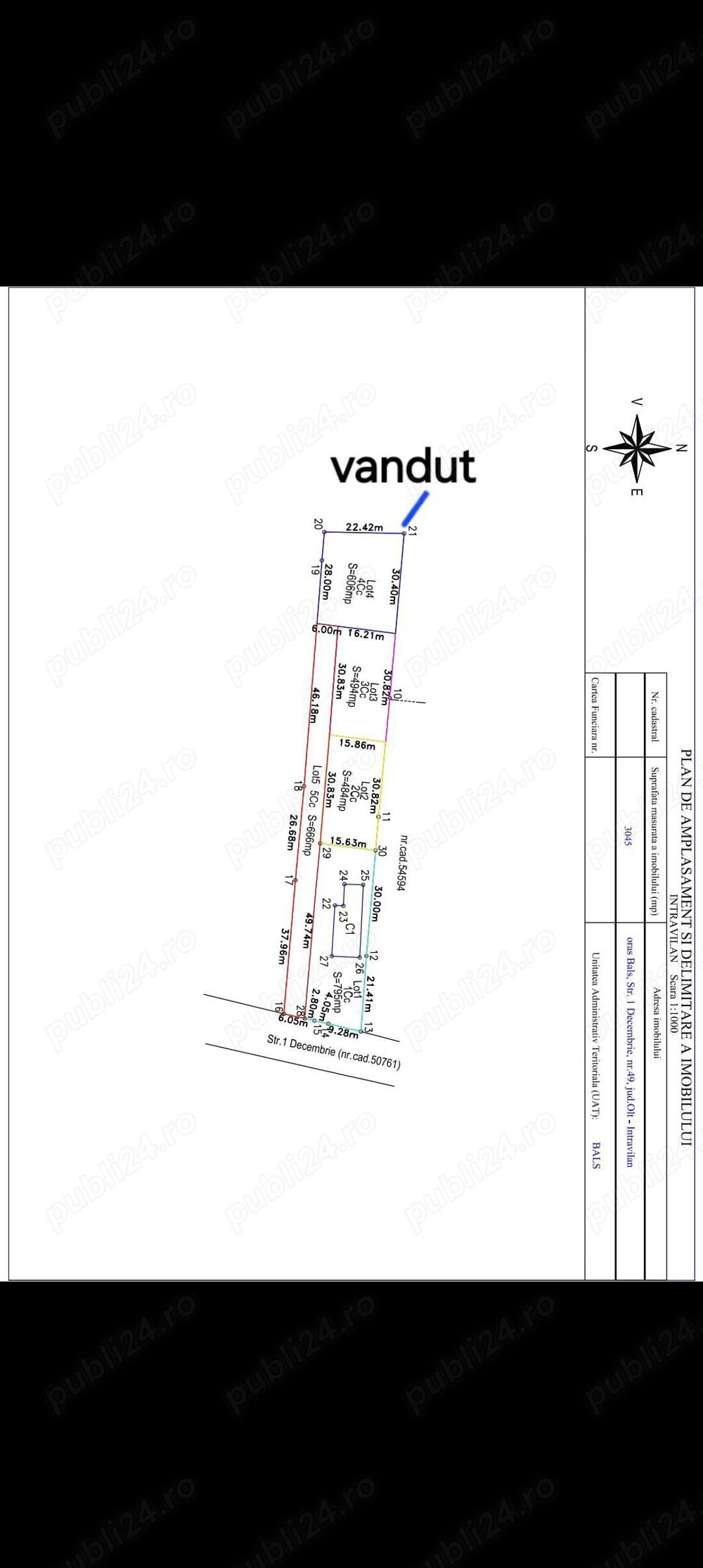 Vand teren parcelat str 1 decembrie Bals