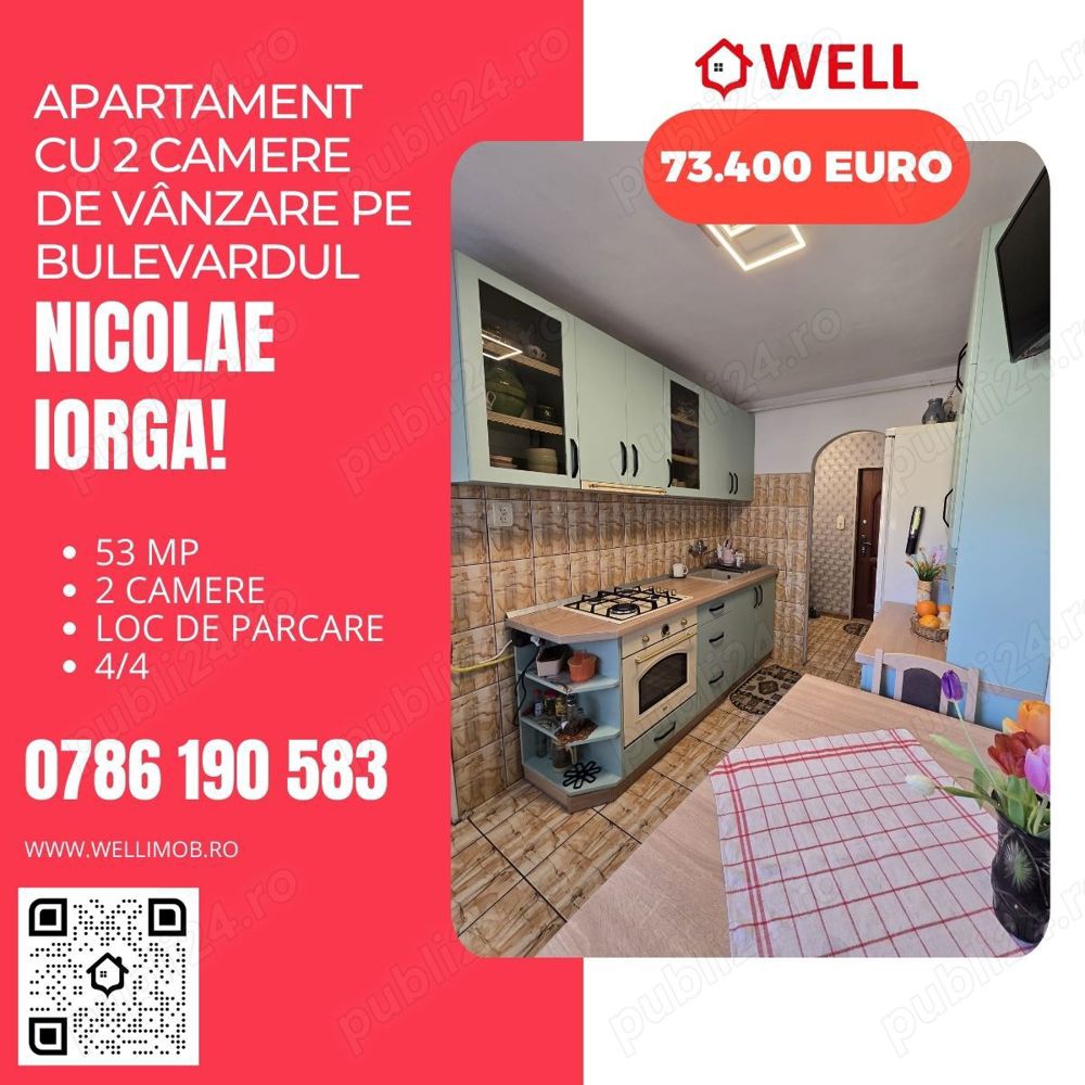 Apartament cu 2 camere de vânzare pe Bulevardul Nicolae Iorga!