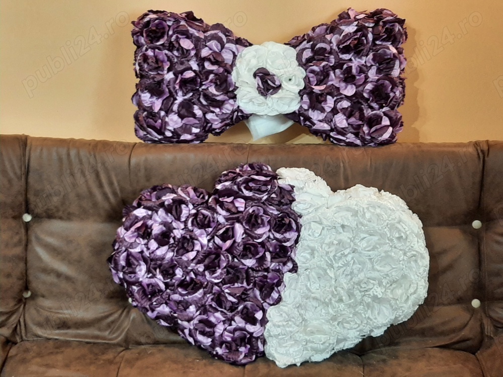 Aranjamente masini nunta set inimioara dubla si papion mov degrade   alb