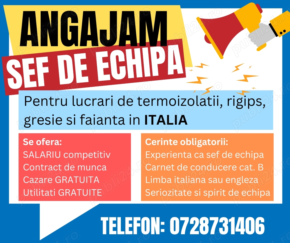Angajam sef de echipa pentru lucrari in Italia