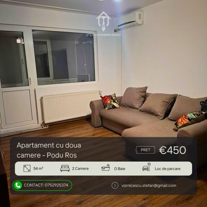 Apartament de închiriat – 2 camere, 54 mp, zonă liniștită