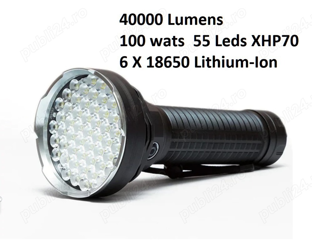 Lanterna Profesionala cea mai puternica 100w 40000 lumeni cu 55 leduri xhp70  6 acumulatori !