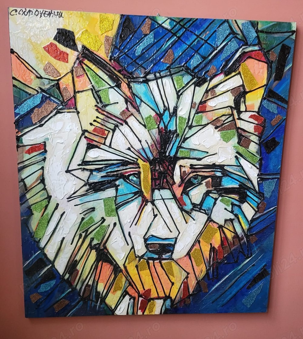 " LUP " COSTIN CRAIOVEANU (1975) Pictura Mixed panza POP ART Vitraliu tablou