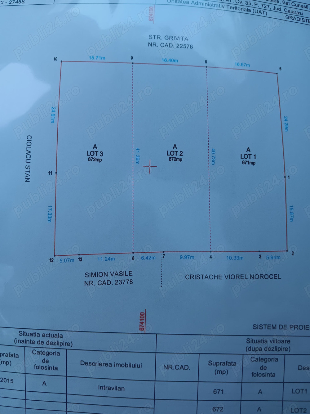 vând lot 3 terenuri intravilane Gradistea sat cunesti