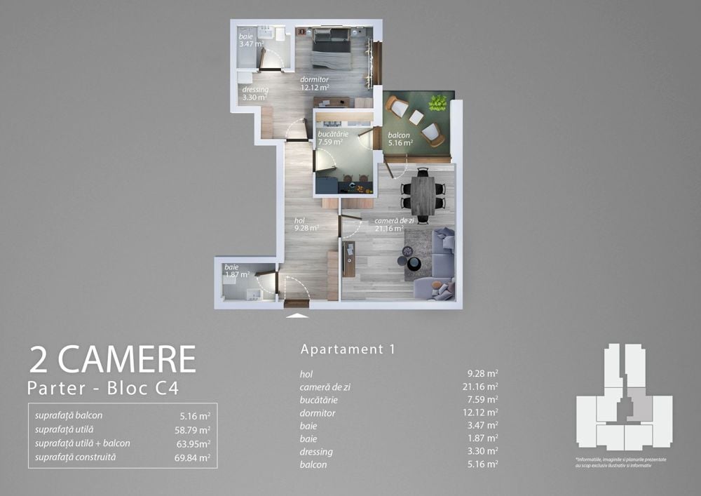 Apartament 2 Camere cu 2 bai Sector 4 Grand Arena 63.95Mp