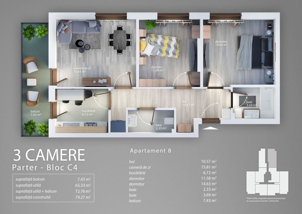 Apartament 3 Camere Decomandat Sector 4 Grand Arena 71.28Mp