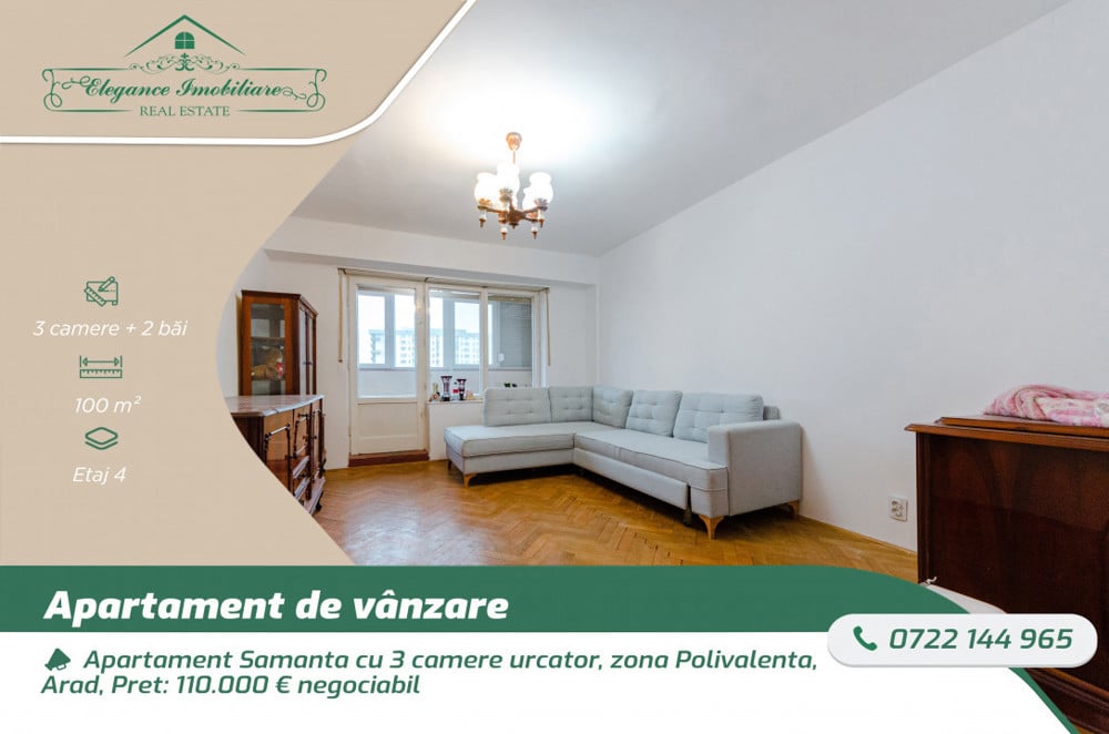 Apartament samanta cu 3 camere urcator, zona Polivalenta, Arad