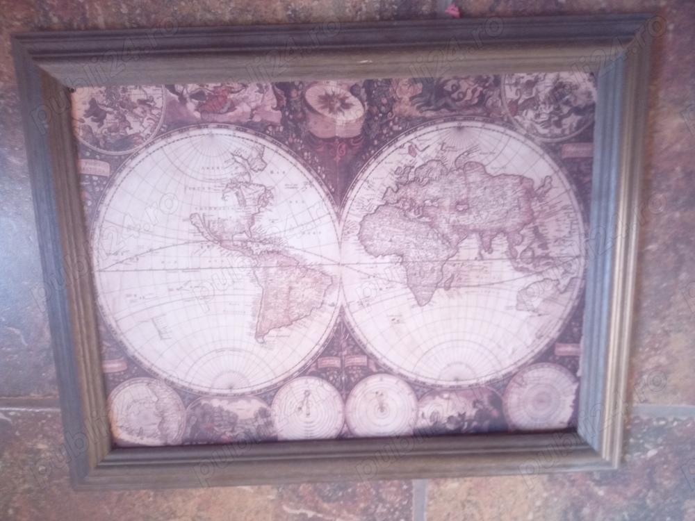 Vând tablou vintage, pe metal,harta lumii,print digital