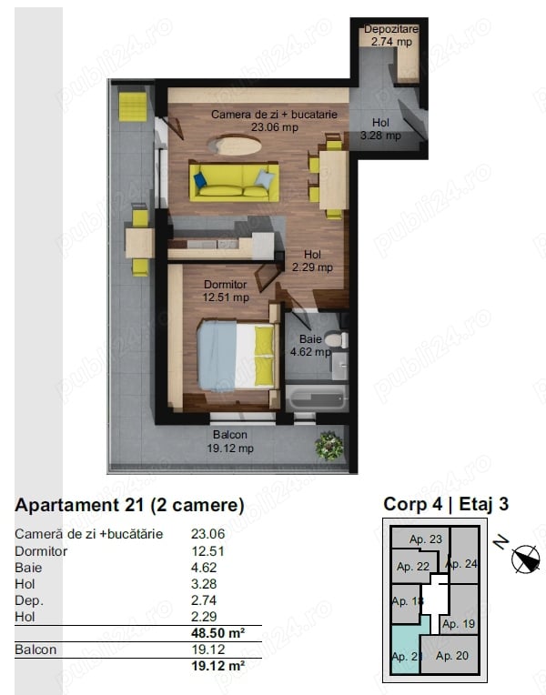 Apart. 2 cam., BACIU, 49mp+19mp balcon, parcare, panorama SV, bloc nou