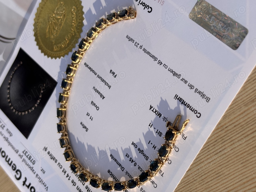 Brățara TENIS mare 22 cm AUR cu 11K safire si 0.45K diamante naturale de calitate superioară.
