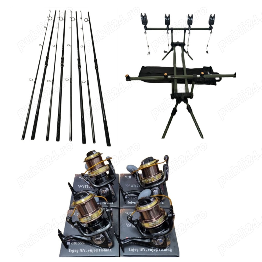 Set Pescuit Crap,4 Lansete 3,90m, 4 Mulinete GB 8000, Rod Pod Echipat