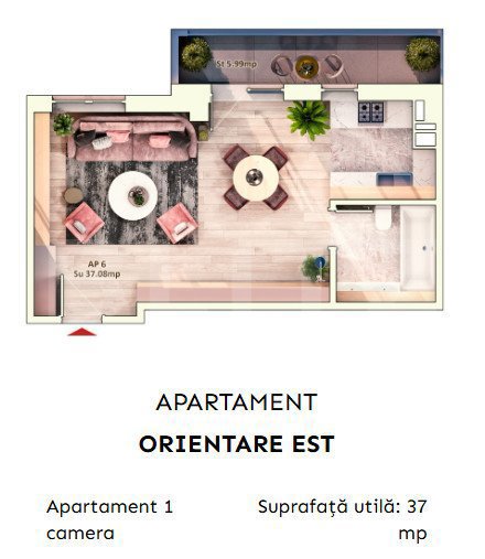 Apartament 1 camera, 37 mp, balcon, parcare subterana