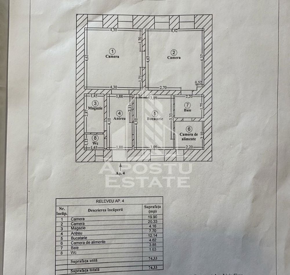 Apartament 3 camere, curte comuna, toate utilitatile, zona Lunei