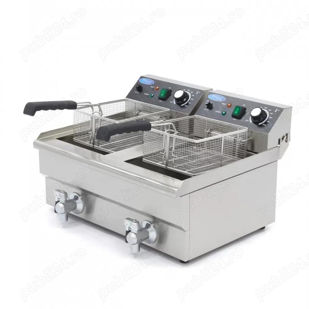 Friteuză 2x10 l   cu robinet de scurgere   termostat între 50 C și 200 C