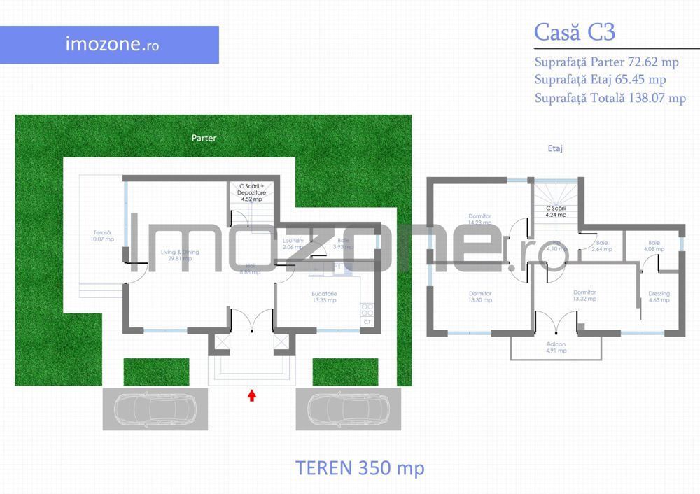 Vila individuala - P+1, 4 camere, 3 dormitoare, 3 bai, 131mp utili, teren 350mp