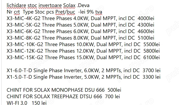 Invertoare Solax  on grid Stoc Deva  lichidare 