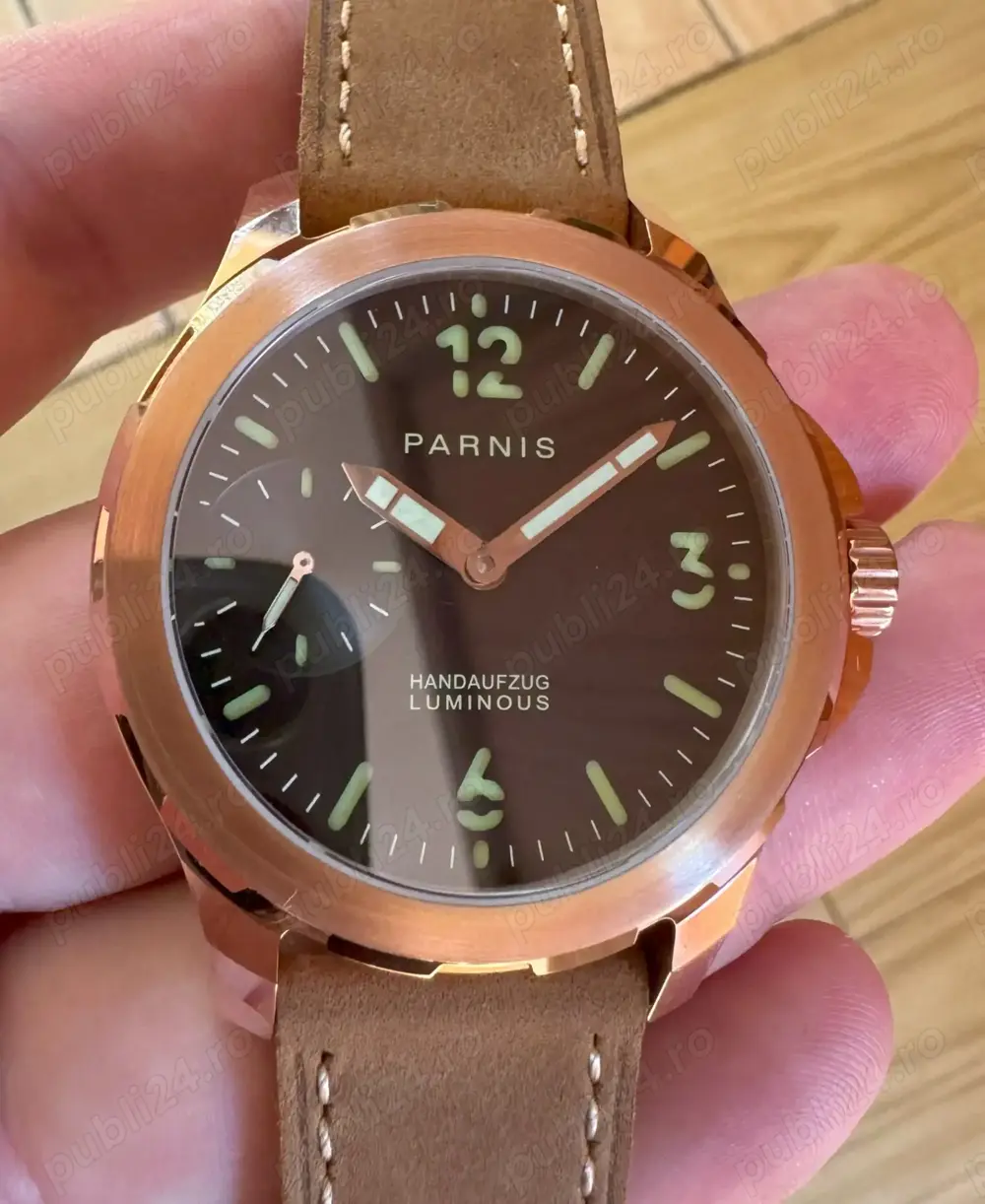 Parnis Pilot 44 mm Safir Manual Unitas 6497 Small Second Roze