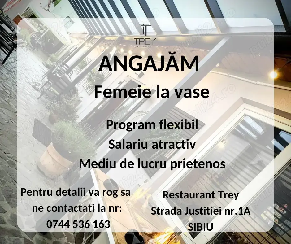 Angajăm femeie la spălat vase pentru locatia Trey restaurant SIBIU Angajăm femeie la spălat vase pentru locatia Trey restaurant SIBIU
