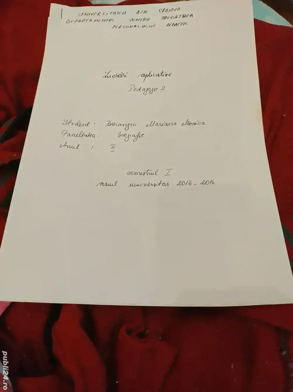 Proiectare unei probe de învățare- Geografia României, clasa 8-a, scris de mână, 2 exemplare