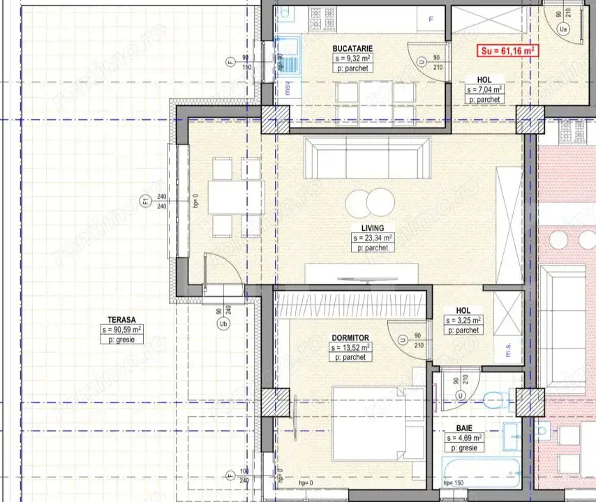 Apartament 3 camere, 61 mp, cu terasa de 91 mp, plata la dezvoltator, Suceava
