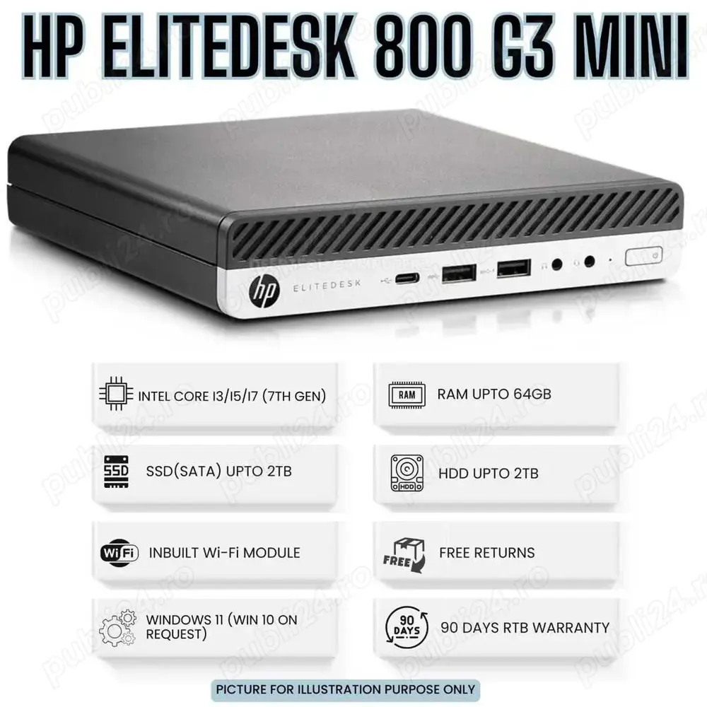 Sistem PC USFF HP Elitedesk 800 G3 INTEL CORE I7-6700 i5-7700 i3-7300 8GB DDR4 SSD 120GB Alimentator