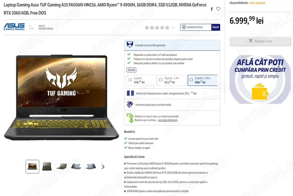 Vând Laptop Gaming Asus TUF A15 FA506IV-HN216