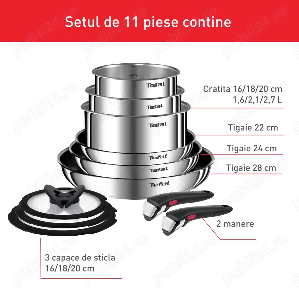 Vand Set 11 piese TEFAL Ingenio L897SB74, 16-28cm, inox, argintiu, NOU 599 Lei