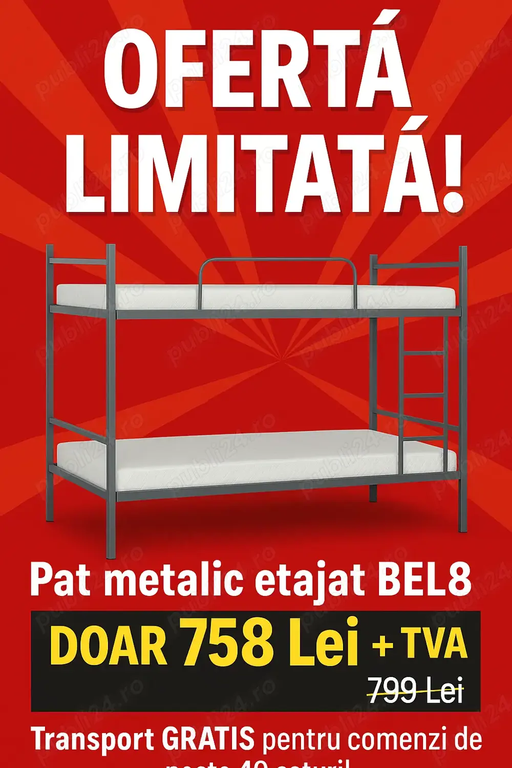 SUPER PROMOȚIE Pat Metalic Etajat Model BEL8 - Doar 758 Lei + TVA 