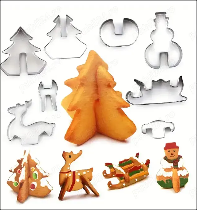 8 Forme pentru prăjituri craciun, iarna, din oțel inoxidabil - set brad, om de zapada, ren, sanie