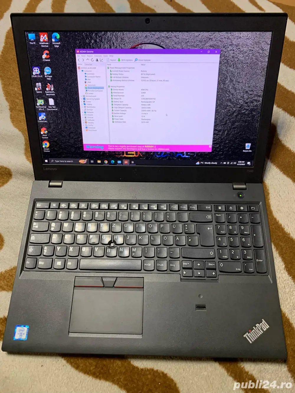 Laptop Lenovo T560 i5-6300u,8gb ram,ssd 120gb display 15.6 fhd 