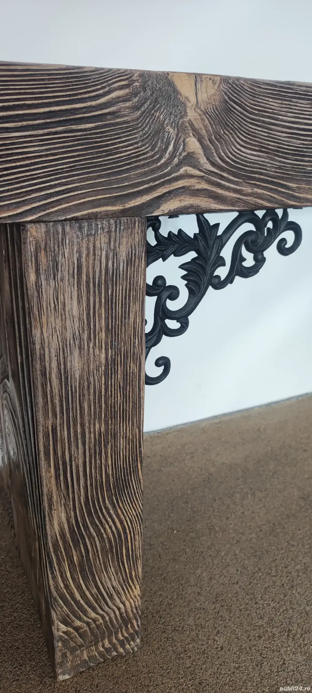 Bancă deosebită unicat din lemn masiv de pin cu piese din fier forjat
