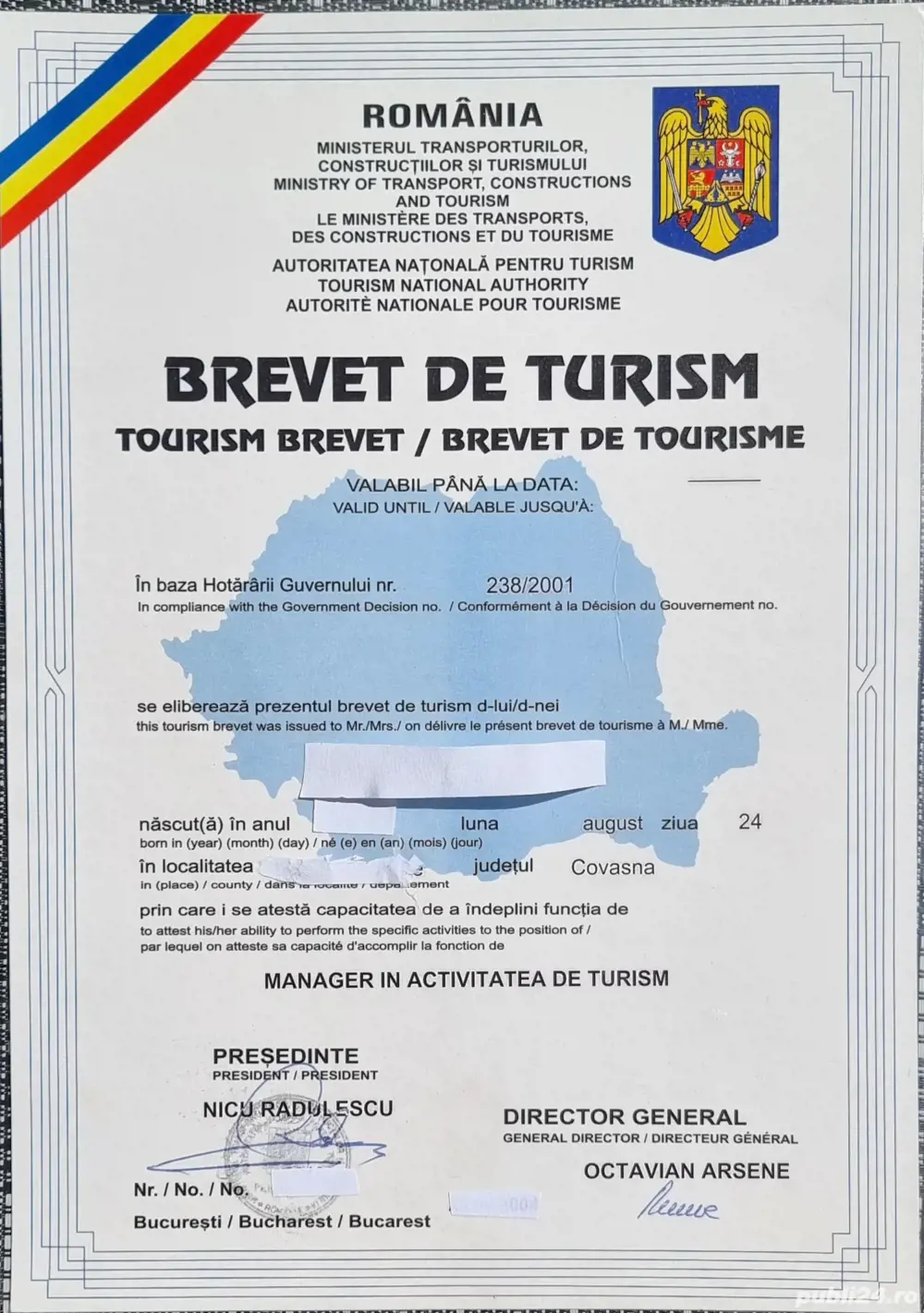  Inchiriez Brevet de turism - Manager în activitatea de turism