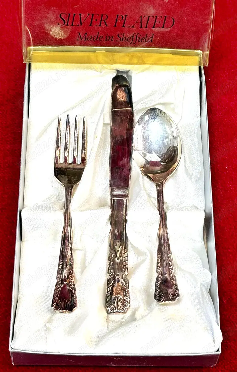 Set de botez pentru copii din 3 piese argintate Sheffield vintage