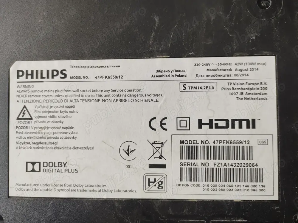 Dezmembrez tv Philips 47pfk6559