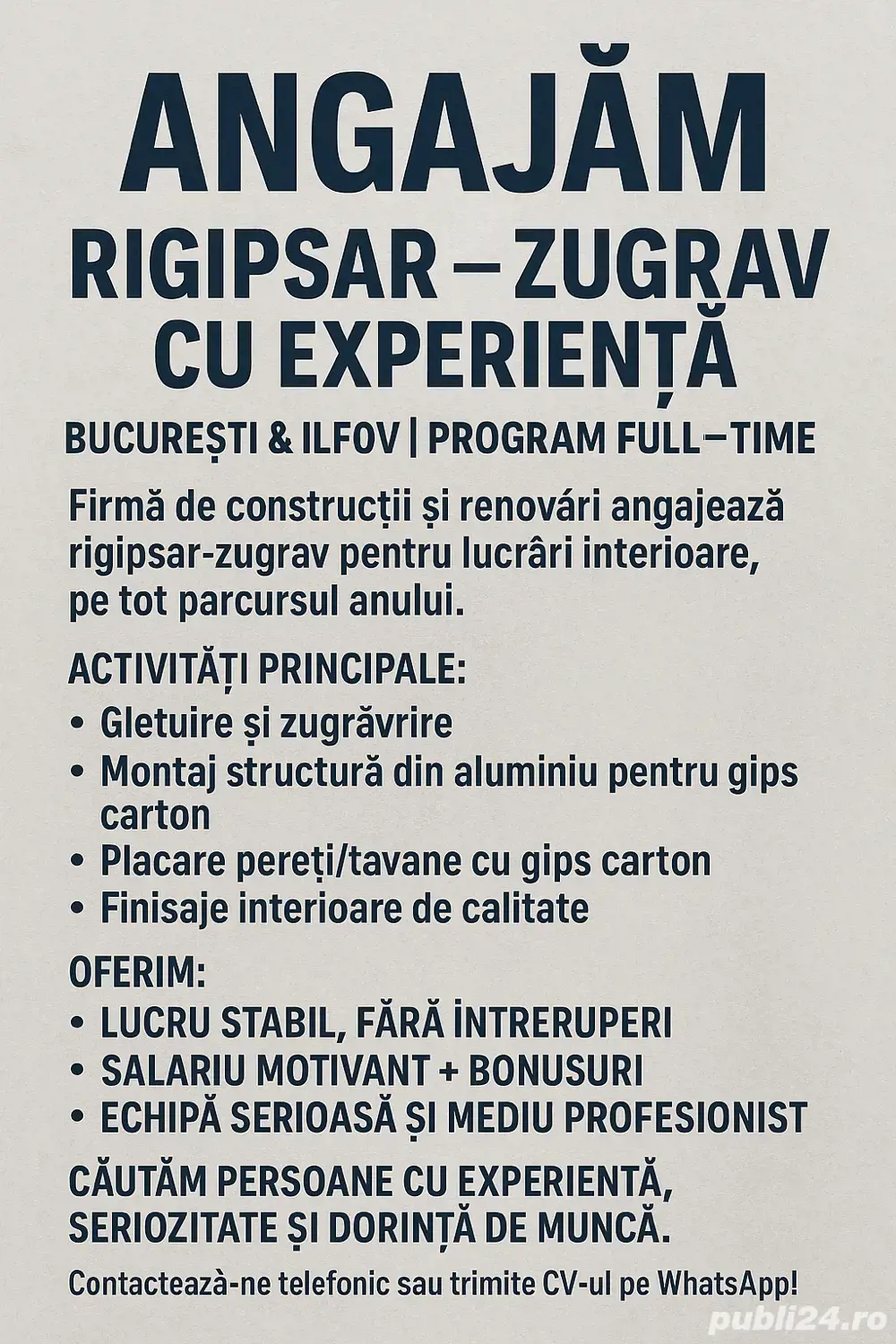 Angajăm Rigipsar   Zugrav cu Experiență