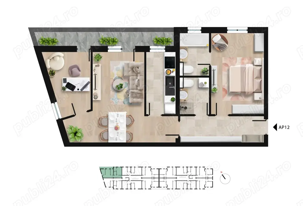 Apartament cu 3 camere și două băi, langa Lacul Morii