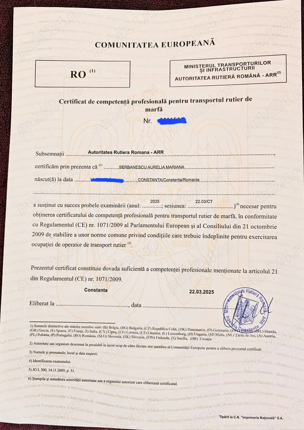 Persoana detine Certificat de Competenta Profesionala (Manager Transport Marfa)